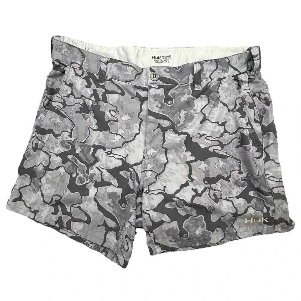 Huk Shorts Mens 2XL Gray Camo‎ Performance Fabrics Fishing Flex Waist